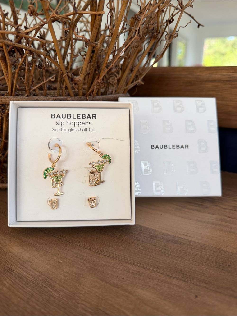 BaubleBar Gold and Green Margarita Charm Drop Earrings